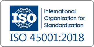 ISO 45001:2018 certification badge for occupational health and safety management.