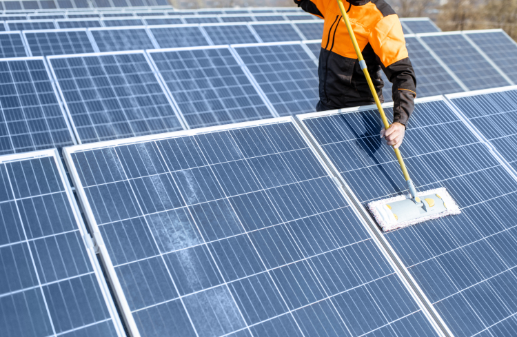 Technician performing a solar panel cleaning service on a rooftop array