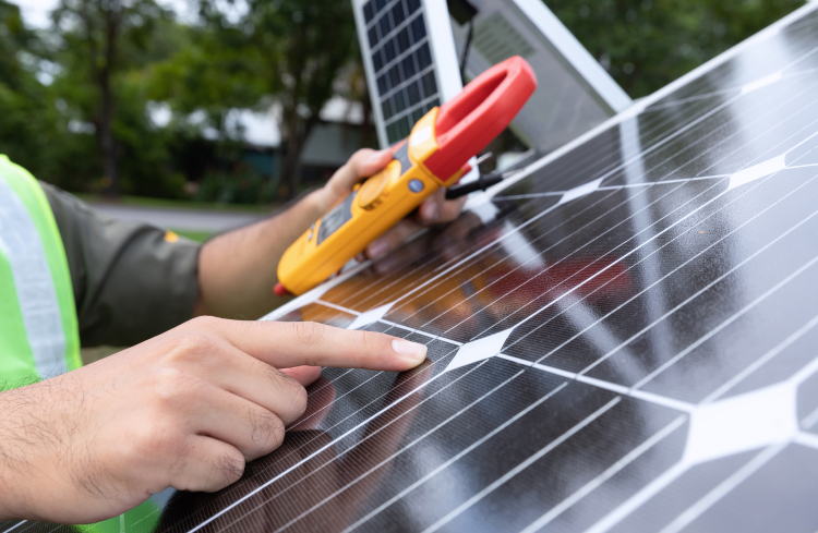 Technician performing solar power maintenance with a clamp meter